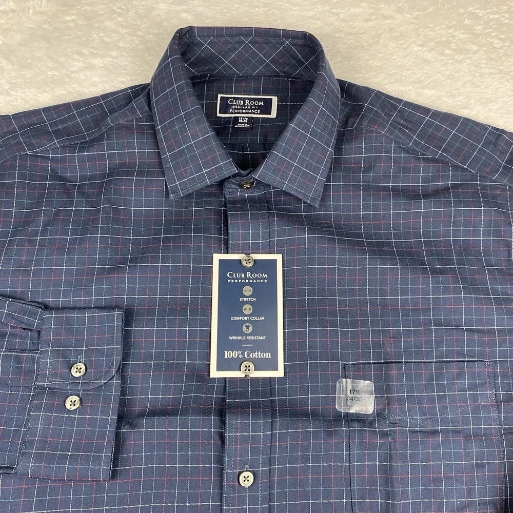 Club Room Dress Shirt Mens 17.5/34-35 Blue Checks Performance Regular Fit NWT!